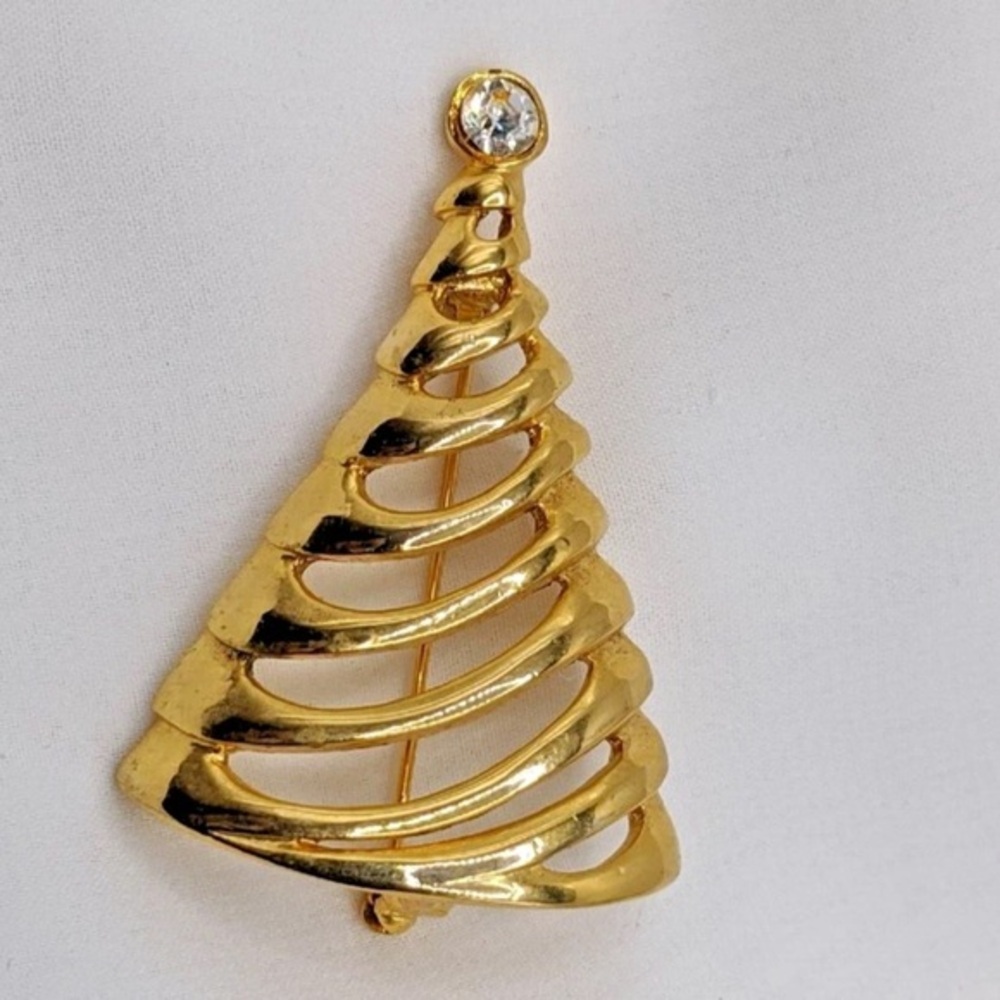 Vintage Danecraft Gold‎ Christmas Tree Pin withClear Rhinestone Star Tree Topper - Picture 4 of 4